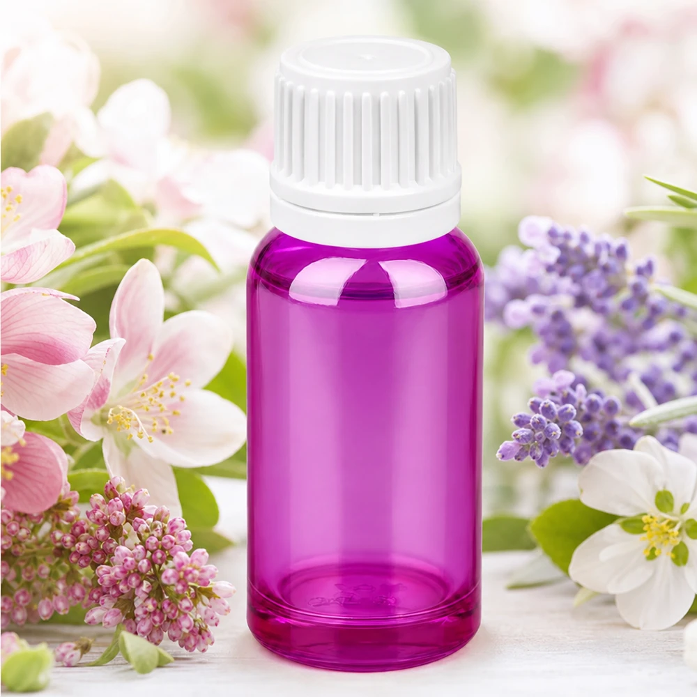 Pratico flacone da 20 ml in elegante colore viola con pratico tappo contagocce per l'uso in mobilità