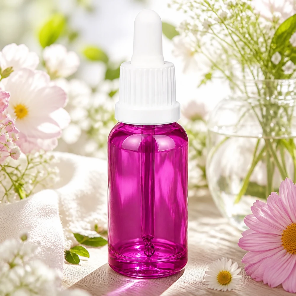Flacone in vetro da 20 ml con design Purple Line e protezione UV per le sostanze sensibili alla luce.