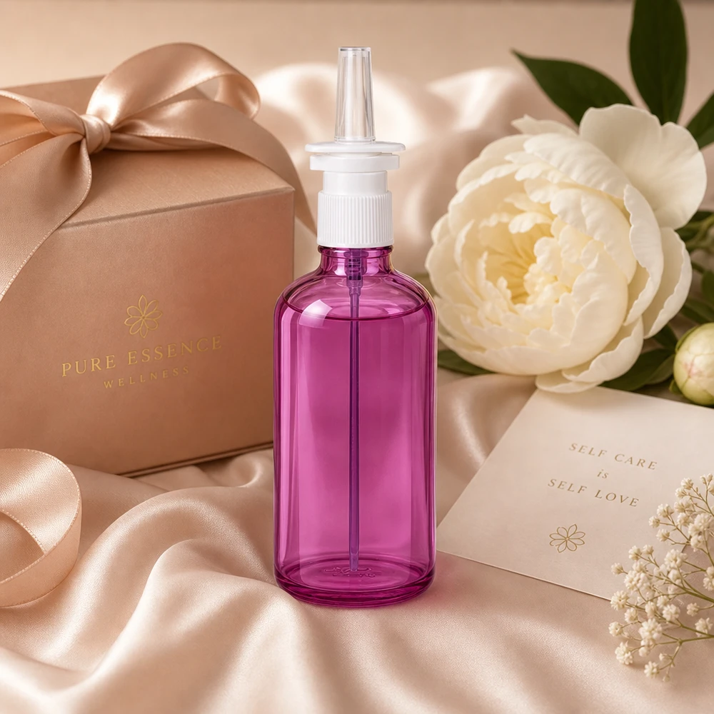 Flacone viola trasparente da 100 ml con spruzzatore a pompa bianco ideale per gli spray nasali automiscelati