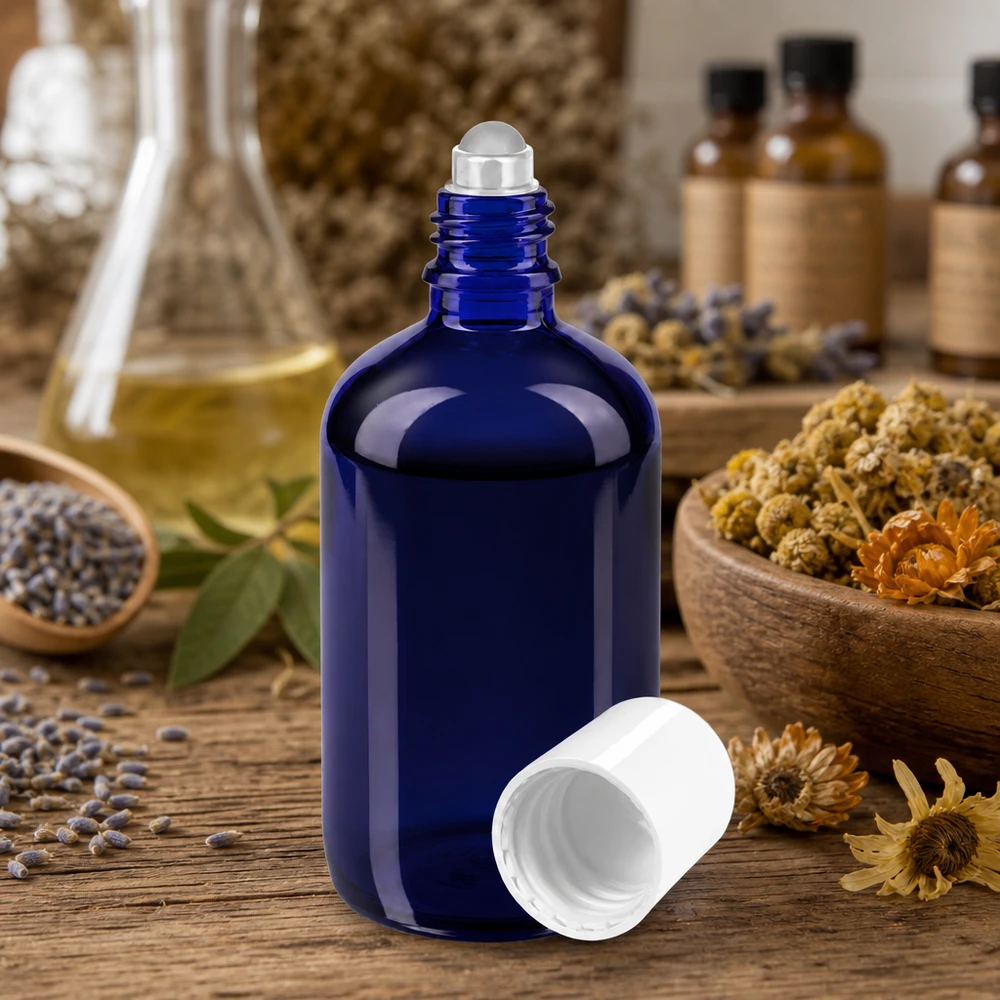 Flacone di vetro da farmacia blu da 100 ml con applicatore a rotella, tra erbe essiccate e fiori