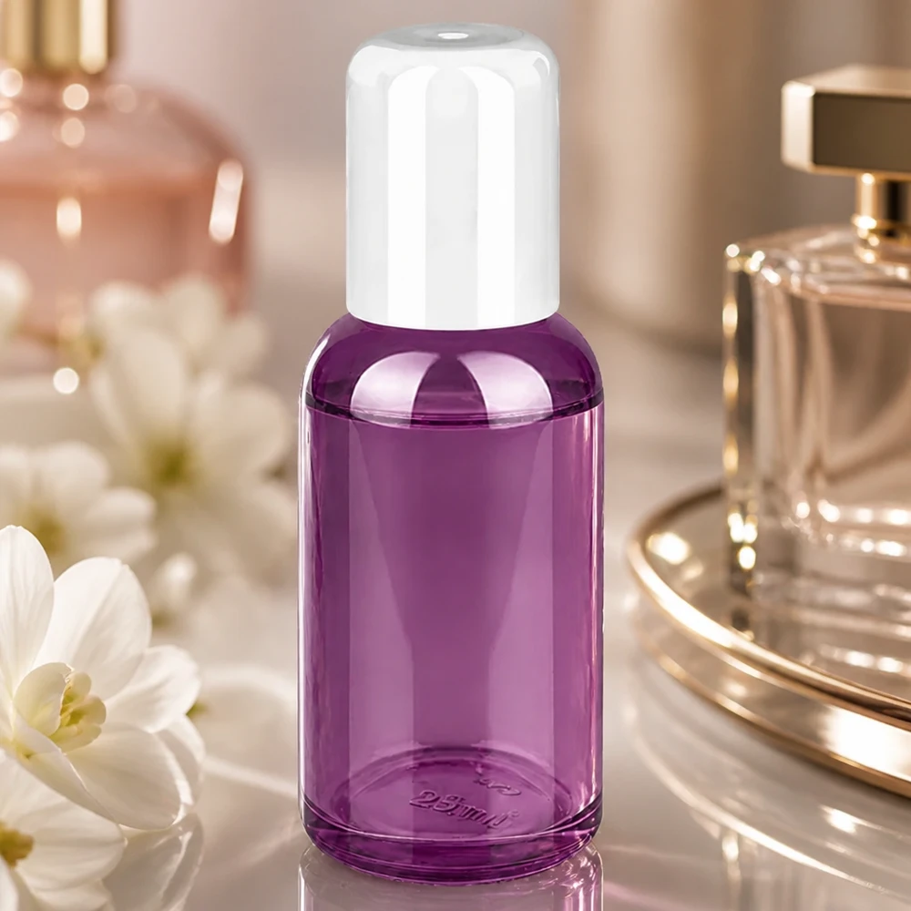 Flacone roll-on rotondo da 30 ml in viola con filettatura standard UT18 per vari tipi di chiusura