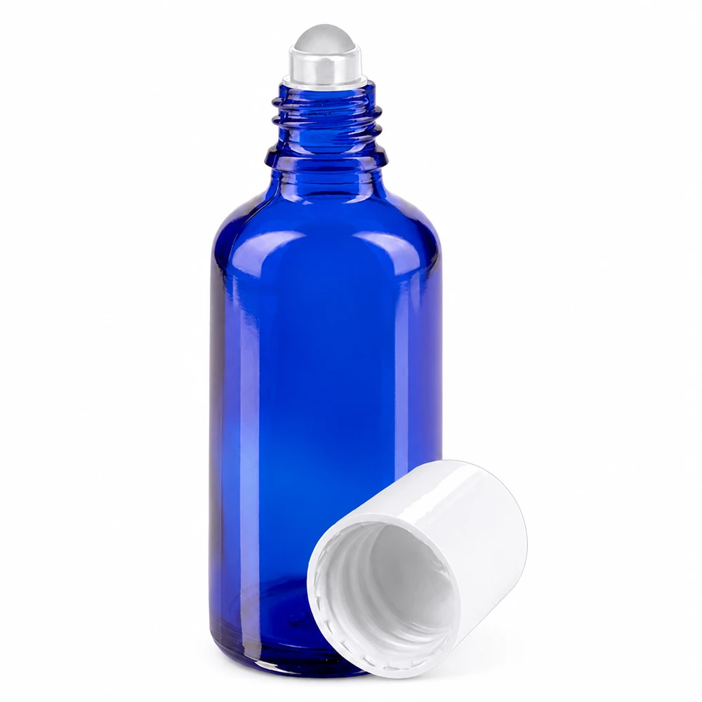 Flacone roll-on blu da 50 ml in vetro da farmacia con tappo bianco e applicatore a sfera