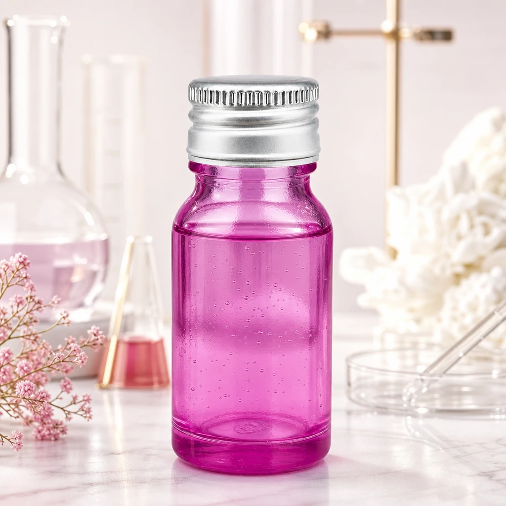 Flacone per campioni da 10 ml in vetro viola con coperchio aderente in alluminio-argento per il viaggio