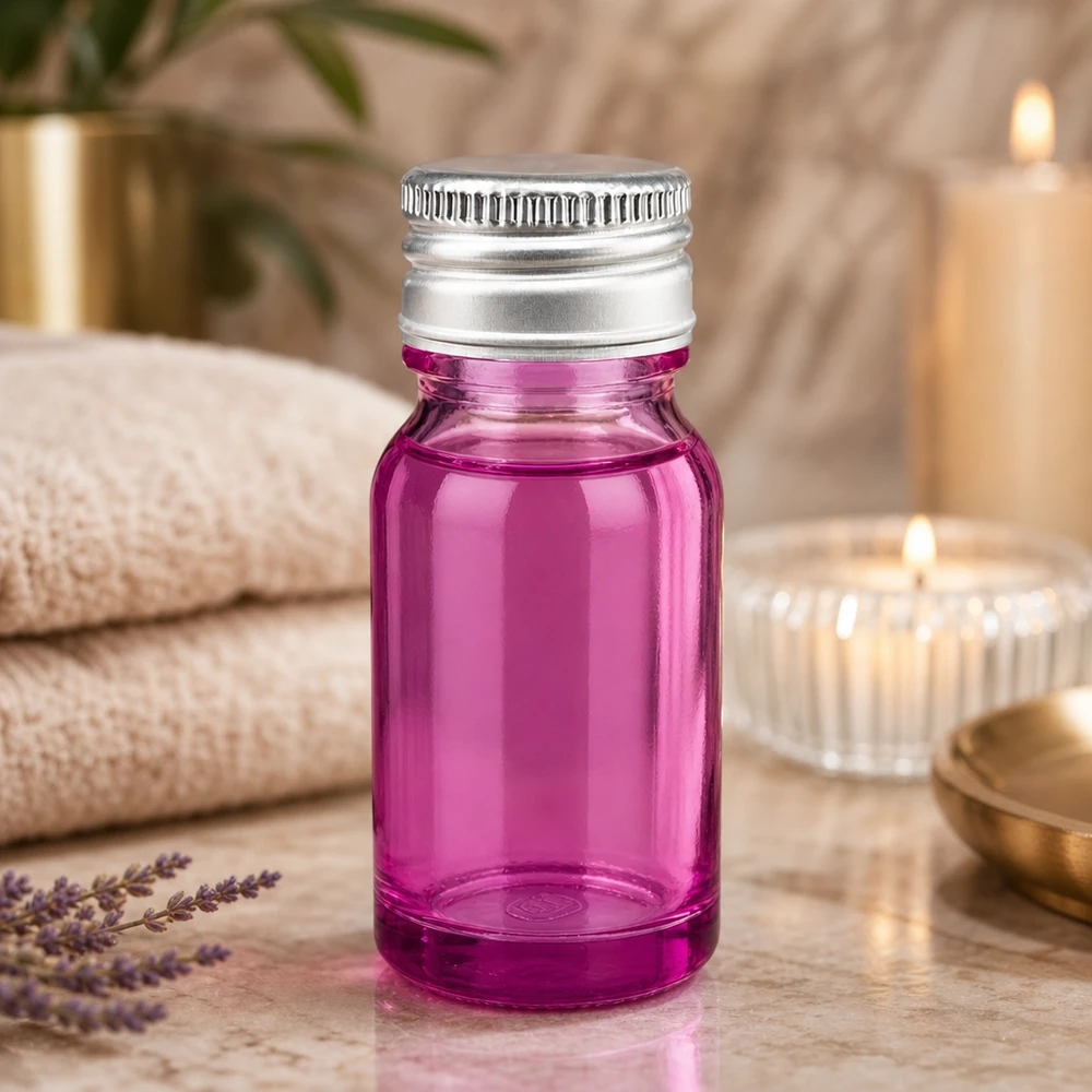 Flacone in vetro trasparente da 10 ml di colore viola con pratico tappo a vite in alluminio per il viaggio