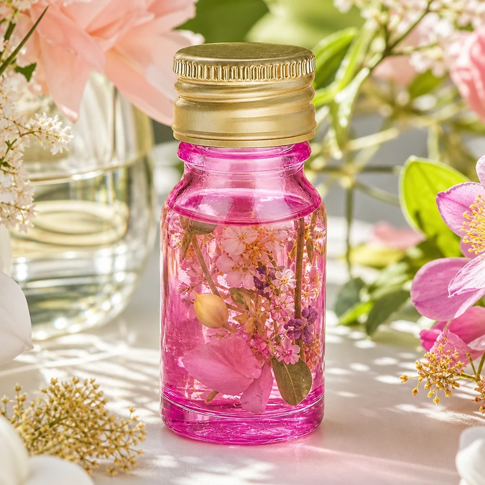 Pratico flacone da 10 ml viola trasparente con tappo in alluminio-oro per i viaggi e gli spostamenti