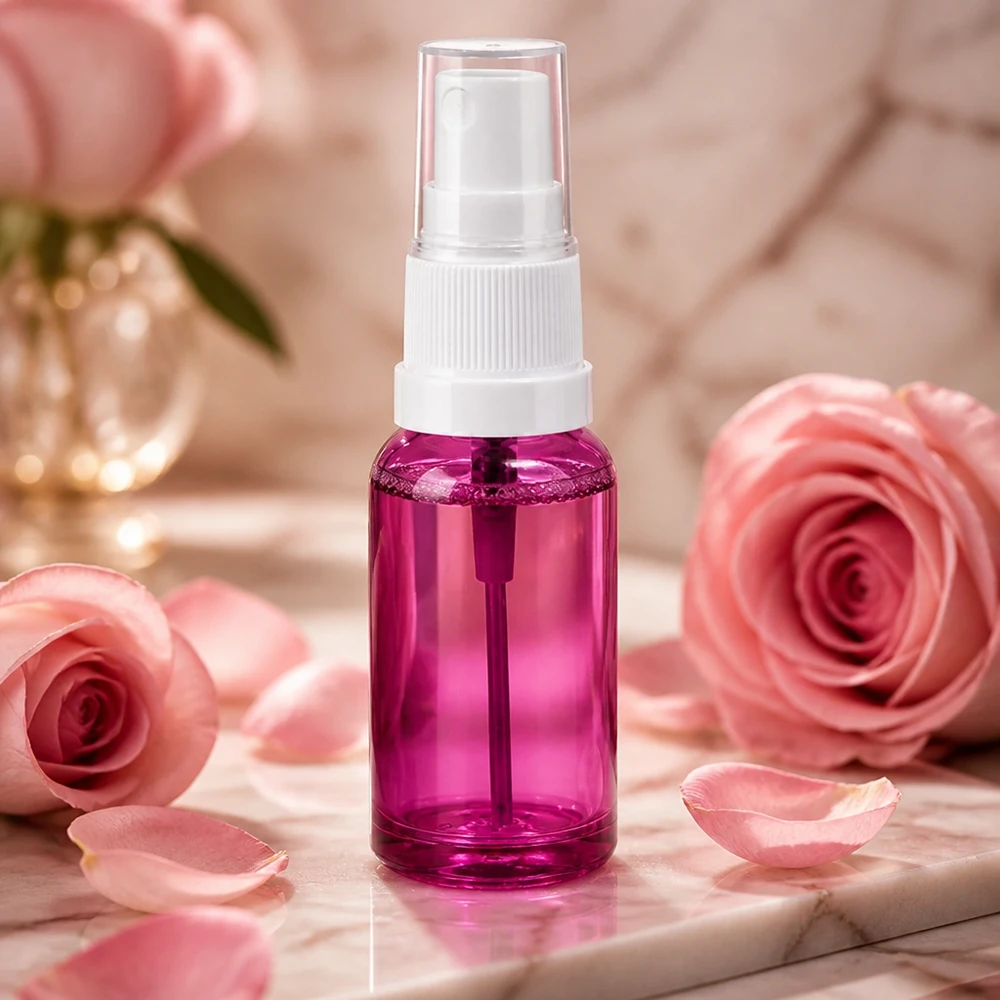 Mini flacone spray 20ml viola trasparente con testina ergonomica bianca versione STD
