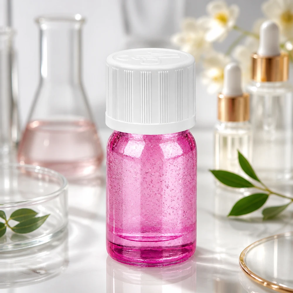 Flacone contagocce compatto da 5 ml di colore viola trasparente, ideale per le confezioni da viaggio di oli cosmetici.