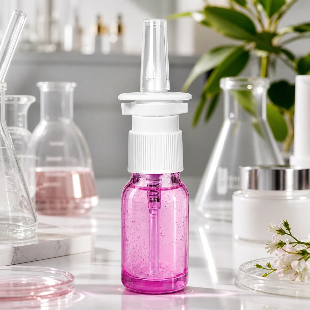Flacone spray in vetro viola da 10 ml con attacco a pompa bianco per applicazioni nasali