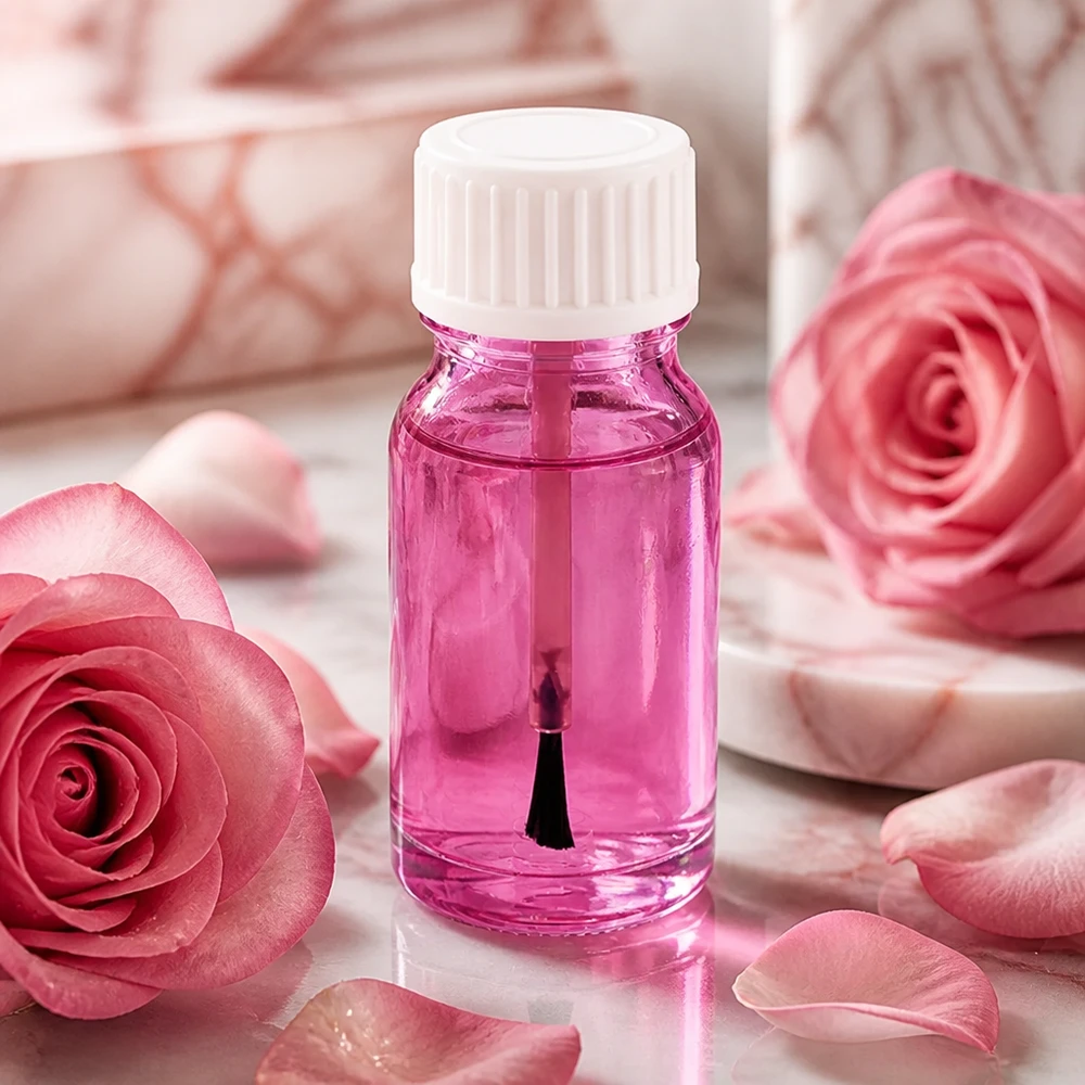 Flacone compatto con pennello da 10 ml, ideale per smalti, lucidalabbra e cosmetici liquidi.