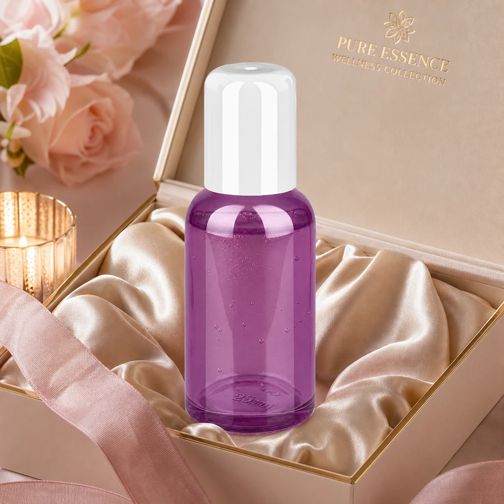 Flacone roll-on in vetro da 30 ml in un elegante colore viola, ideale per la cosmesi e l'aromaterapia fai-da-te.