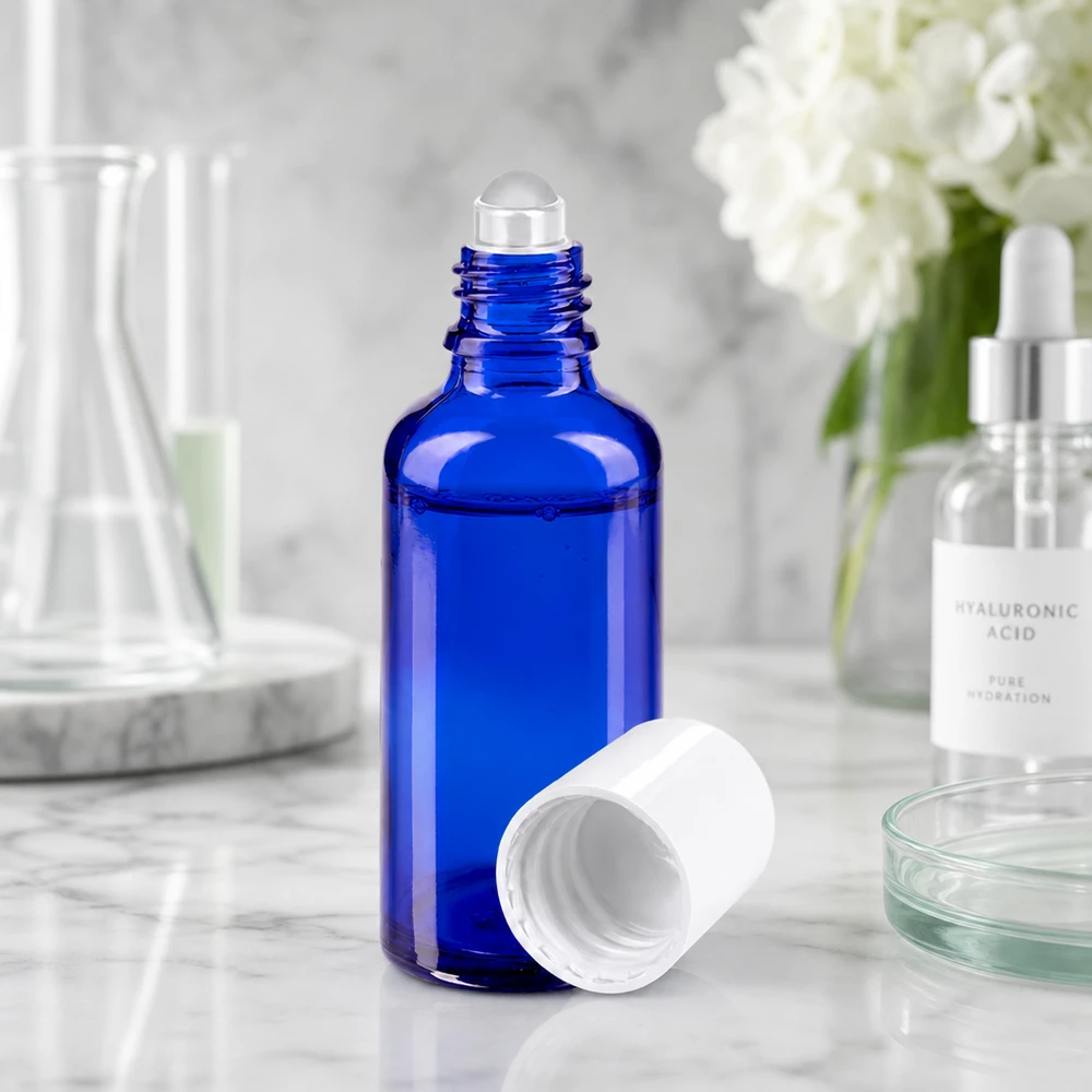Flacone di vetro da farmacia blu da 50 ml aperto, con applicatore a sfera, accanto al siero all’acido ialuronico