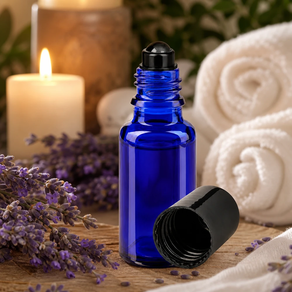 Flacone roll-on da 20 ml in vetro blu con lavanda e candela in un’atmosfera da spa