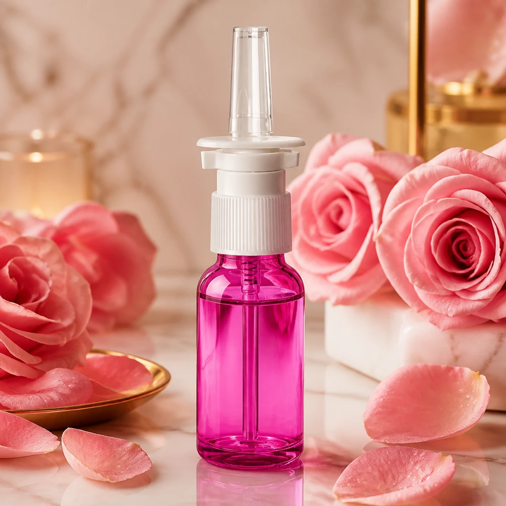 Flacone spray nasale in plastica viola da 20 ml con testina bianca per una facile manipolazione