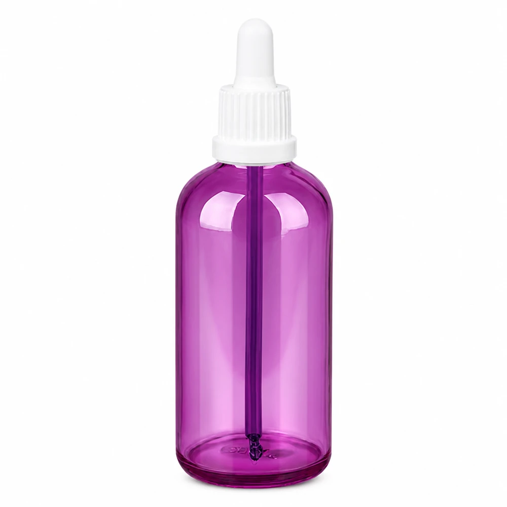 Flacone dosatore da 100 ml di colore viola con pratico tappo per pipetta in plastica