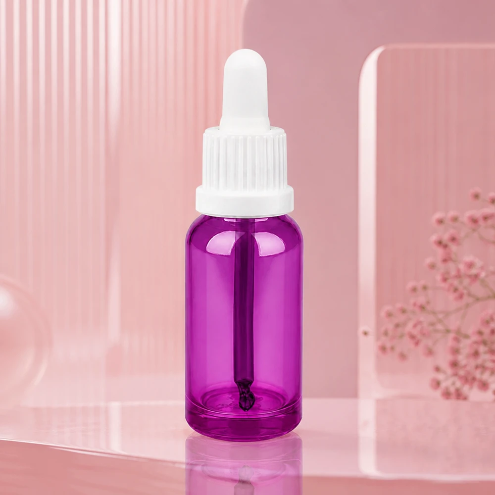 Flacone in vetro da 20 ml con attacco per pipetta in viola per un dosaggio preciso