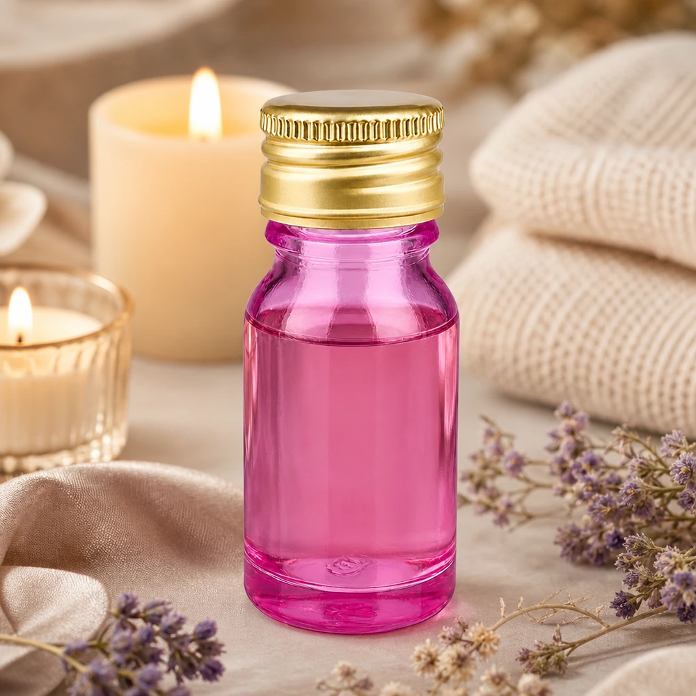 Flacone da 10 ml in vetro viola con protezione UV e tappo a vite dorato per sostanze sensibili alla luce