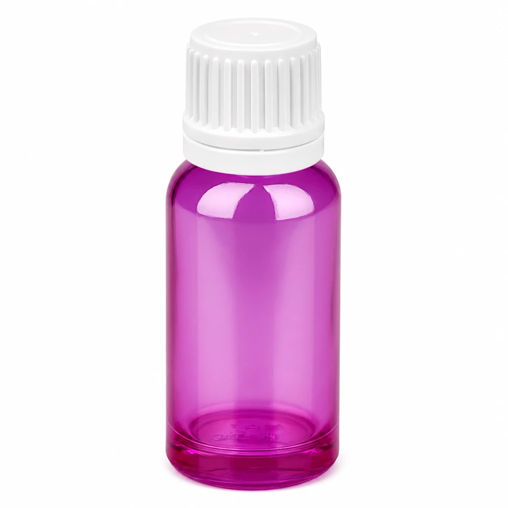 Flacone contagocce viola da 20 ml con tappo bianco ideale per oli essenziali e tinture