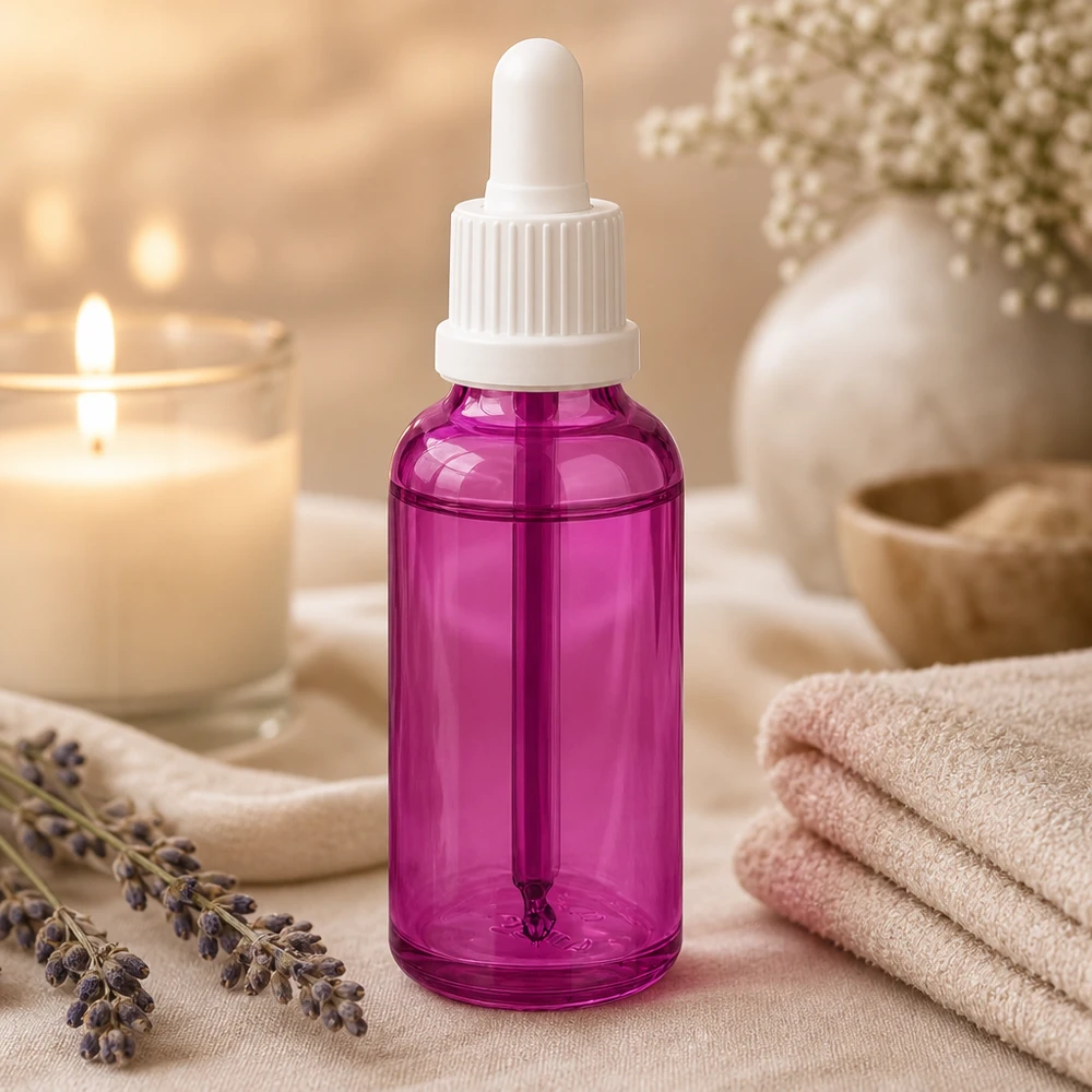 Elegante flacone in vetro viola da 30 ml con pipetta per la produzione di cosmetici professionali