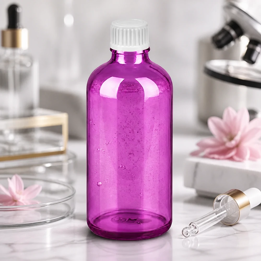 Bottiglia da laboratorio viola da 100 ml con tappo bianco per un dosaggio preciso dei liquidi