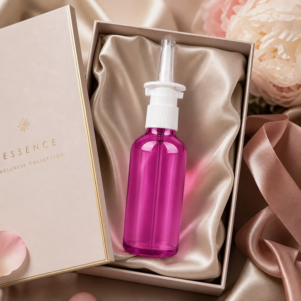 Flacone spray nasale viola da 50 ml con robusto sistema a pompa e tappo a prova di bambino