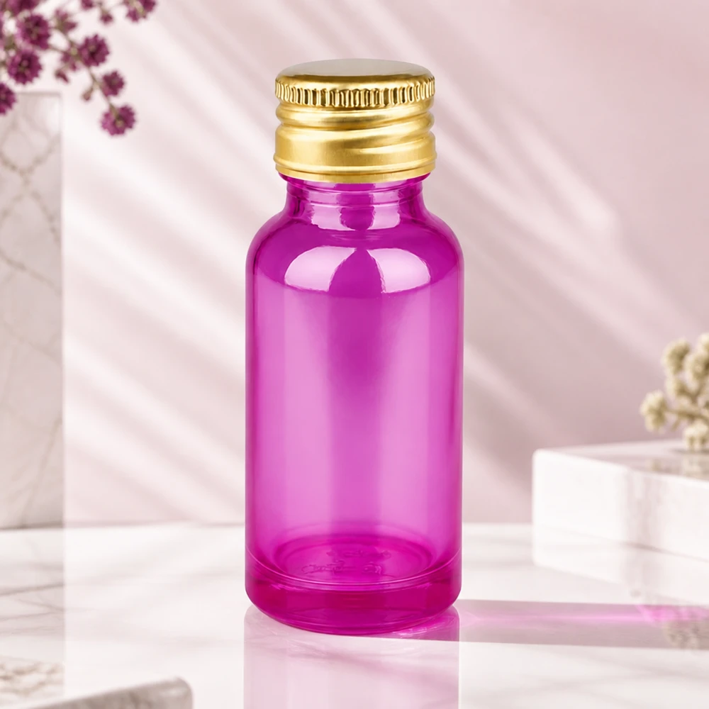 Flacone in vetro viola da 20 ml con robusto coperchio in alluminio dorato, ideale per la conservazione di sostanze sensibili alla luce