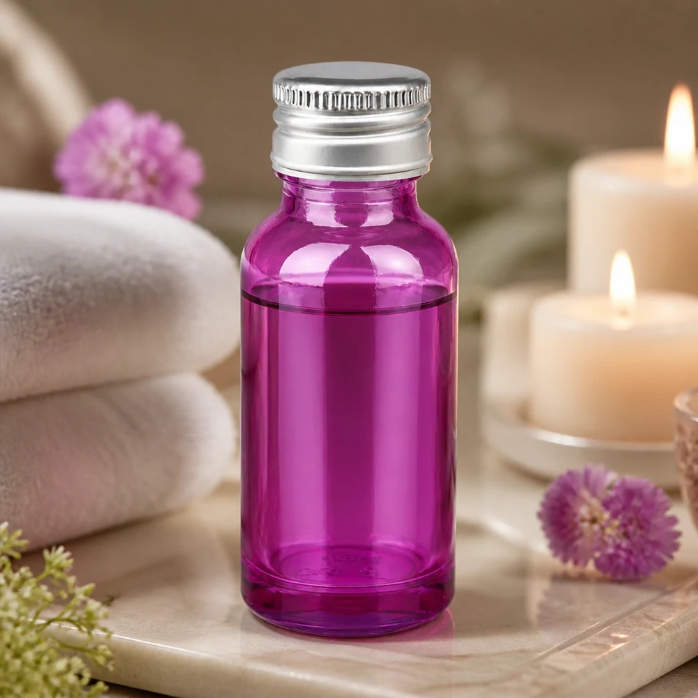Pratico flacone da 20 ml con rivestimento viola a prova di colore e sistema di chiusura ermetico