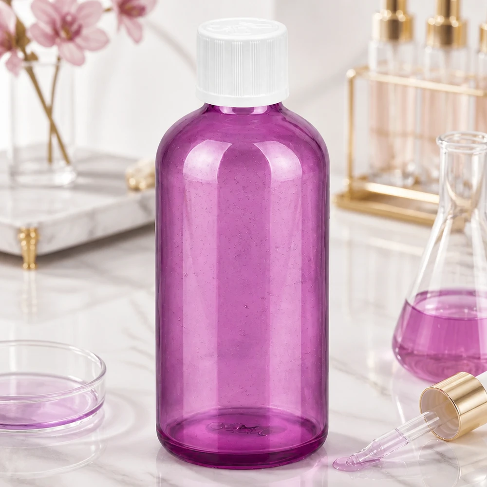 Flacone contagocce da 100 ml 1,2 mm bianco standard a prova di bambino PurpleLine. UT18/100 Flacone in vetro viola da 100 ml con tappo a prova di bambino e contagocce da 1,2 mm per il dosaggio