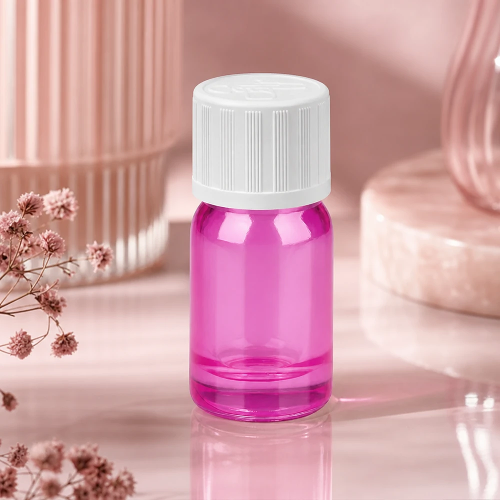 Flacone decorativo in vetro viola da 5 ml con tappo bianco come accessorio di stile per il bagno