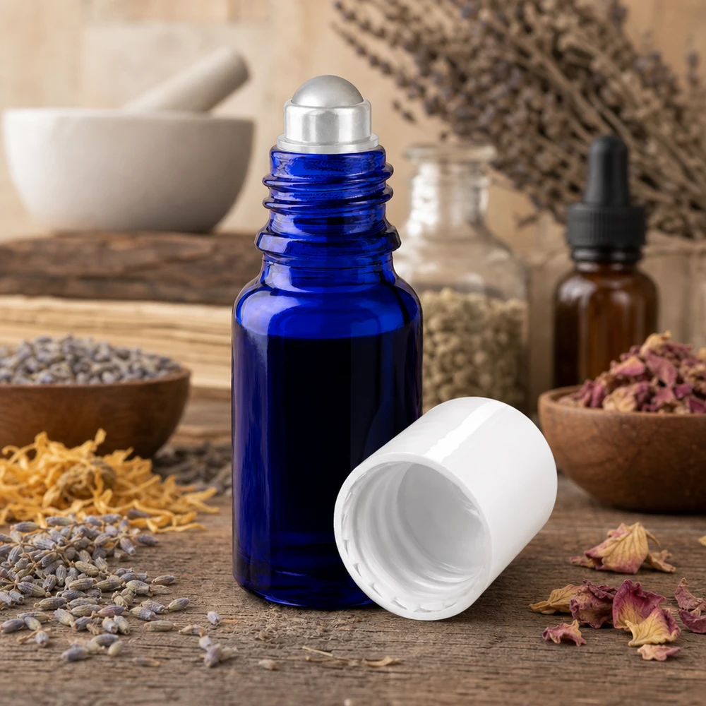 Flacone per deodorante stick in vetro blu 10 ml, roll-on vuoto Flacone roll-on da 10 ml color blu cobalto con sfera in acciaio inossidabile incastonata tra erbe essiccate e fiori