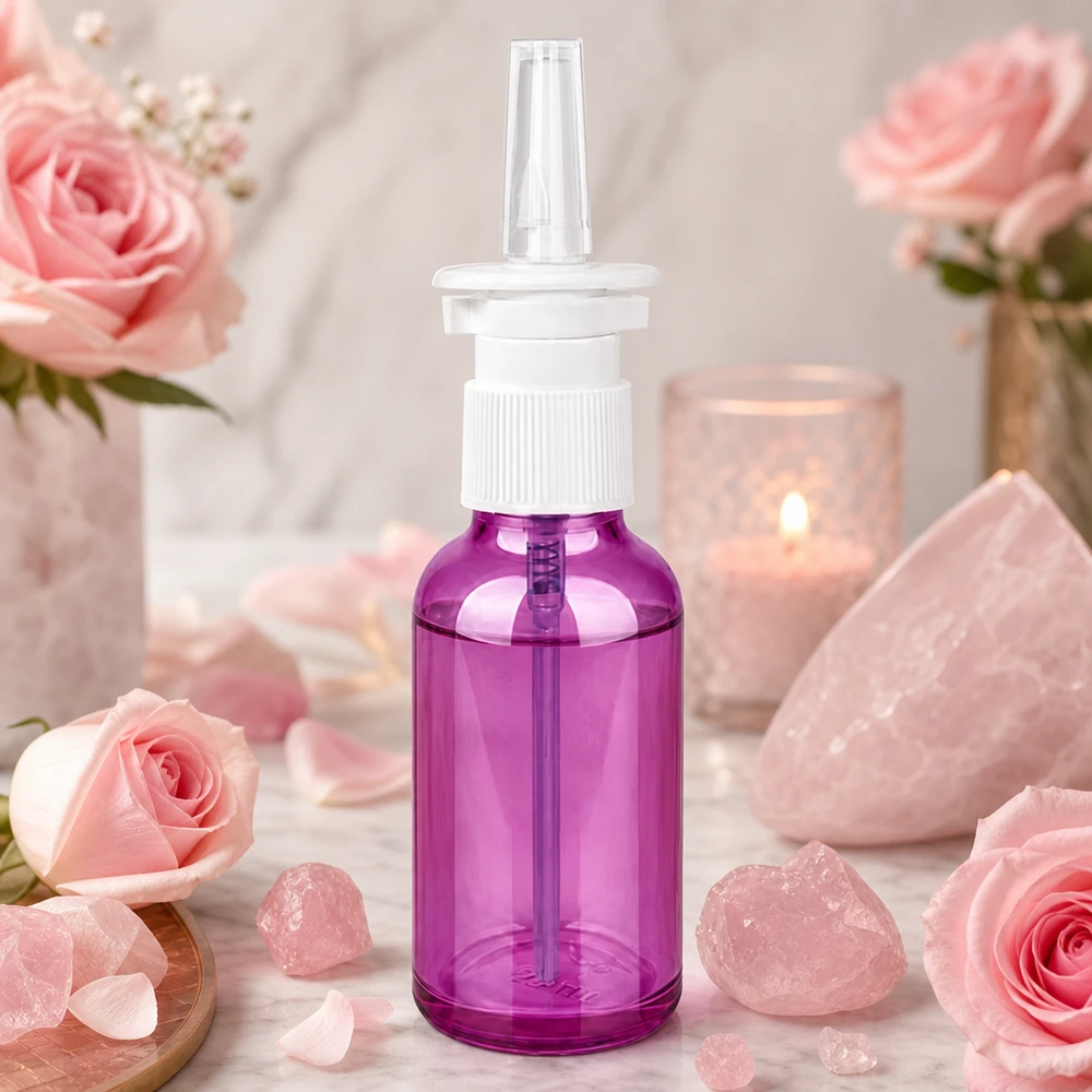 Flacone spray nasale da 30 ml bianco/trasparente standard PurpleLine. UT18/30 Flacone ergonomico per spray nasale da 30 ml di colore viola con superficie antiscivolo per un utilizzo sicuro