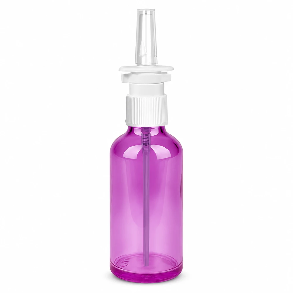 Flacone spray nasale rotondo da 50 ml di colore viola con tappo a vite bianco e testina spray