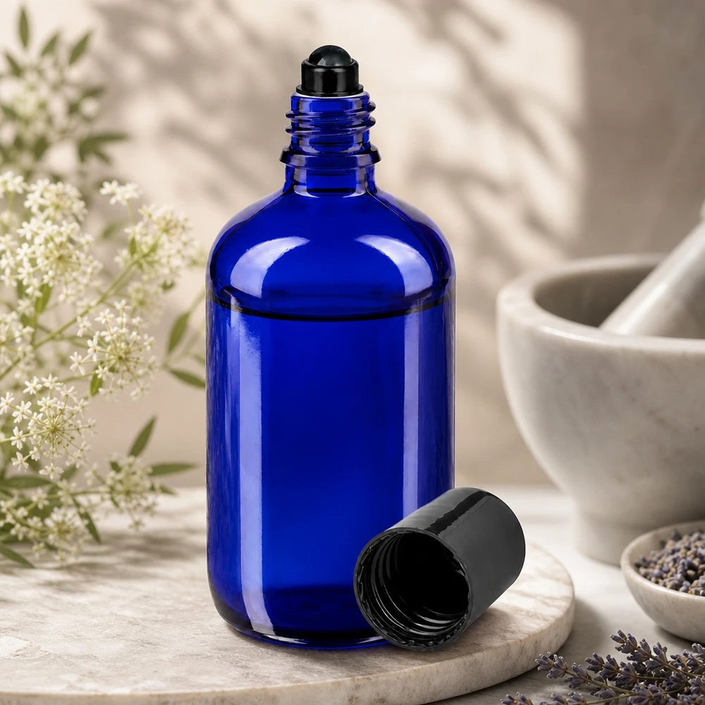 Flacone per deodorante stick in vetro blu 100 ml, roll-on vuoto Flacone di vetro blu cobalto da 100 ml con applicatore a sfera nero, aperto, accanto a fiori di lavanda e a un mortaio