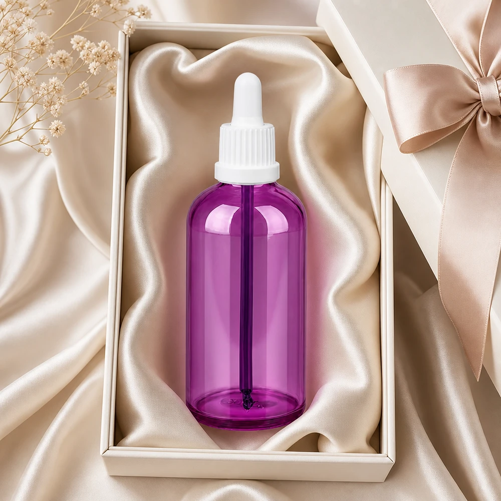 Bottiglia dosatrice viola da 100 ml con pipetta, perfetta per gli integratori alimentari liquidi