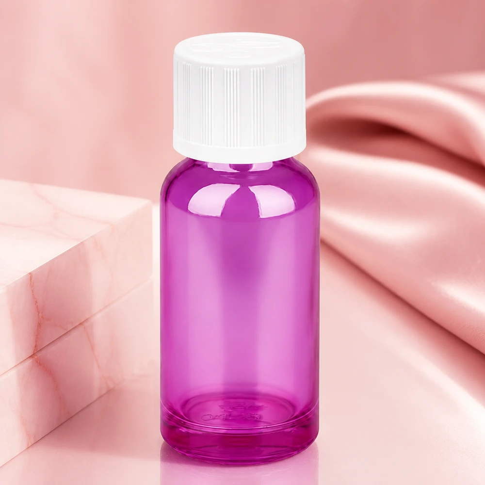 Flacone in vetro viola da 20 ml con tappo bianco, ideale per sostanze e tinture sensibili alla luce