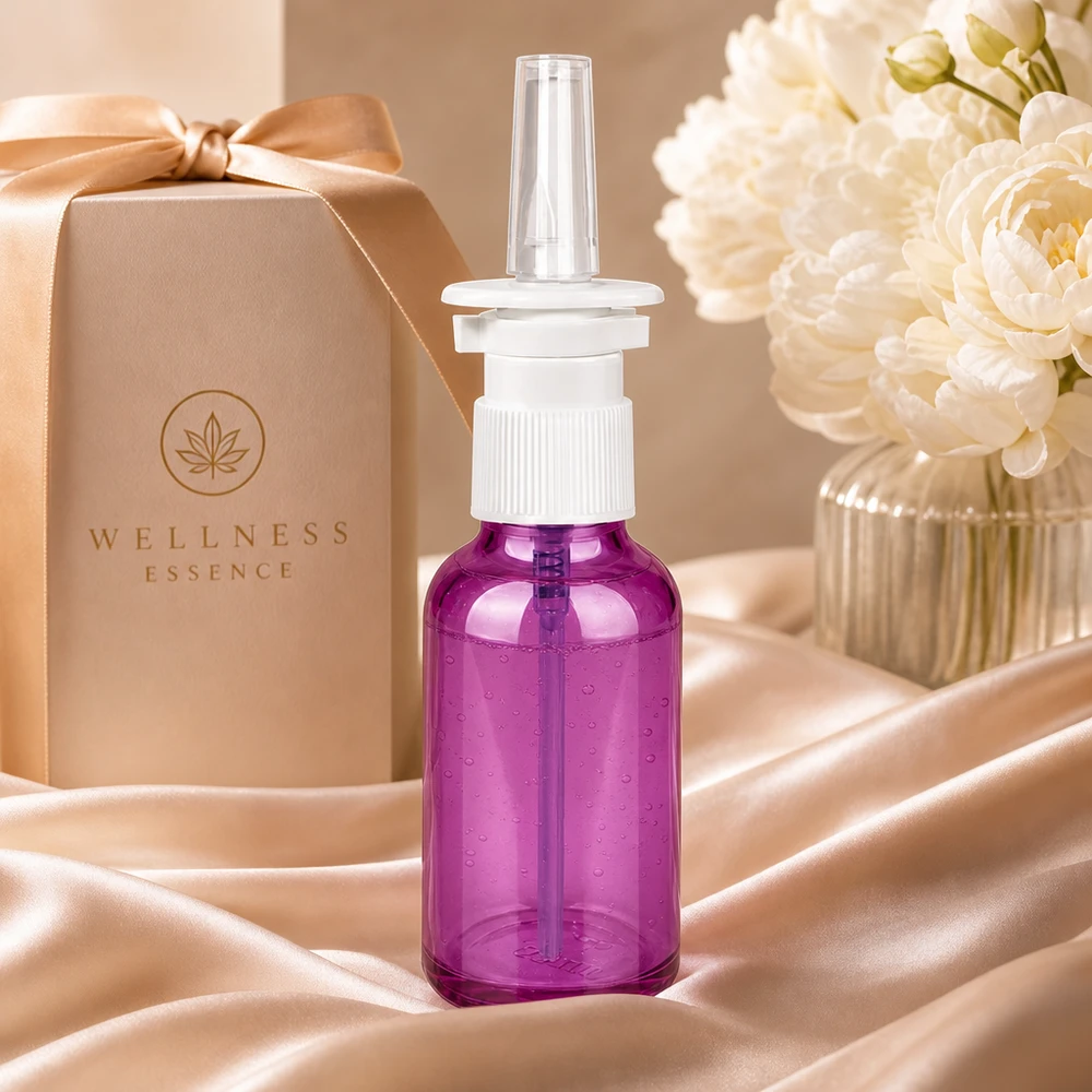 Flacone spray farmaceutico da 30 ml in elegante viola con filettatura standard per un uso versatile