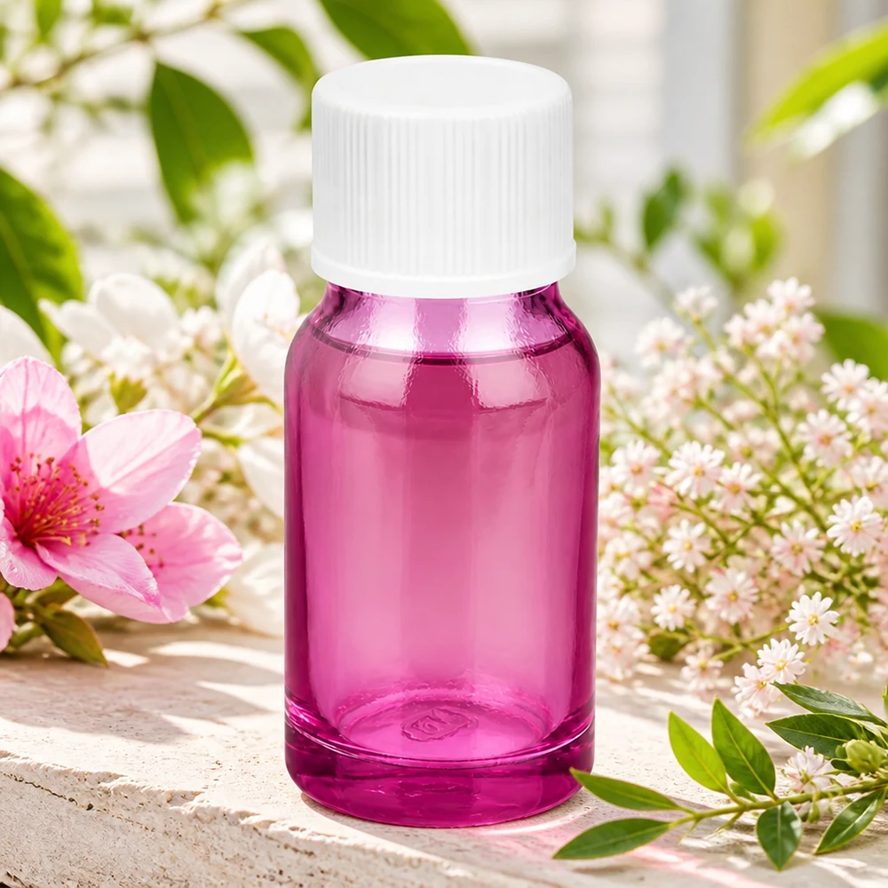 Pratico flacone in vetro viola da 10 ml con tappo bianco antiscivolo per una facile manipolazione