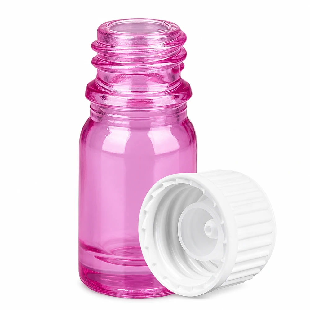 Flacone in vetro traslucido viola da 5 ml con coperchio bianco per oli profumati