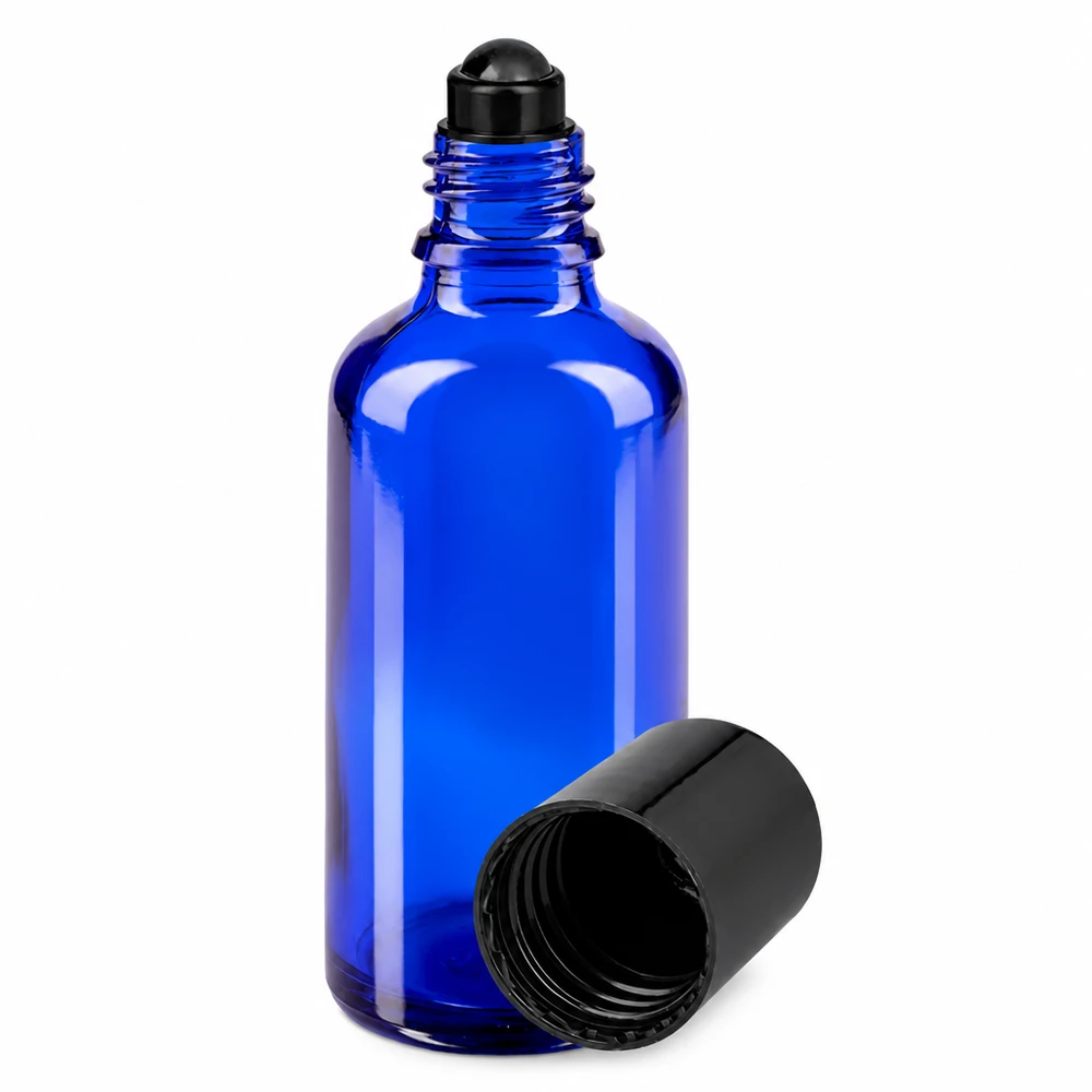 Flacone per deodorante stick in vetro blu 50 ml, roll-on vuoto Flacone roll-on blu da 50 ml in vetro da farmacia con applicatore a sfera nero e tappo a vite