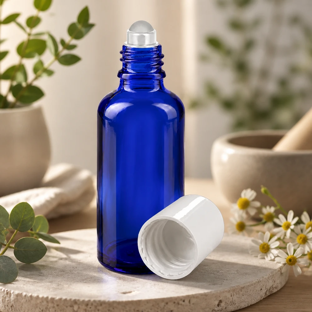 Flacone per deodorante stick in vetro blu 50 ml, roll-on vuoto Flacone di vetro blu da 50 ml con applicatore a sfera e tappo bianco, appoggiato su una pietra naturale davanti a una decorazione a base di erbe aromatiche