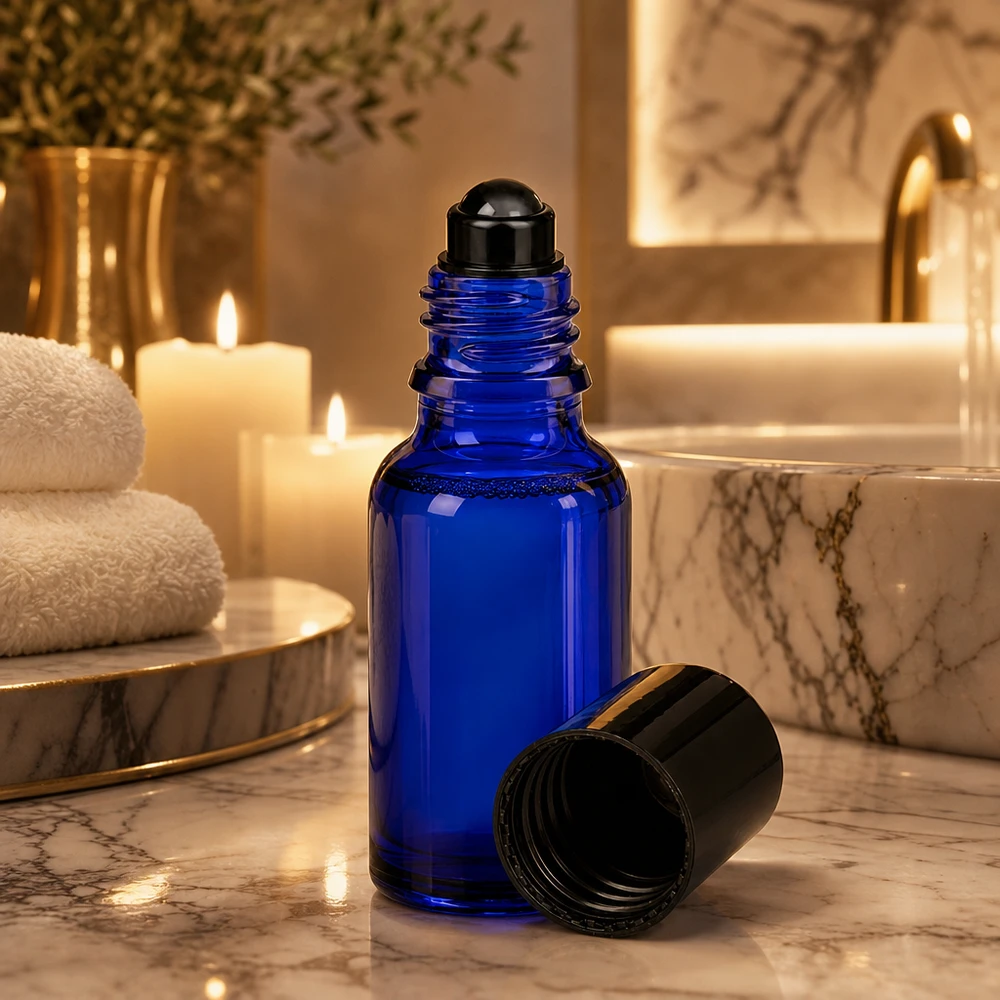 Flacone da farmacia blu da 20 ml con tappo a sfera nero su fondo di marmo bianco