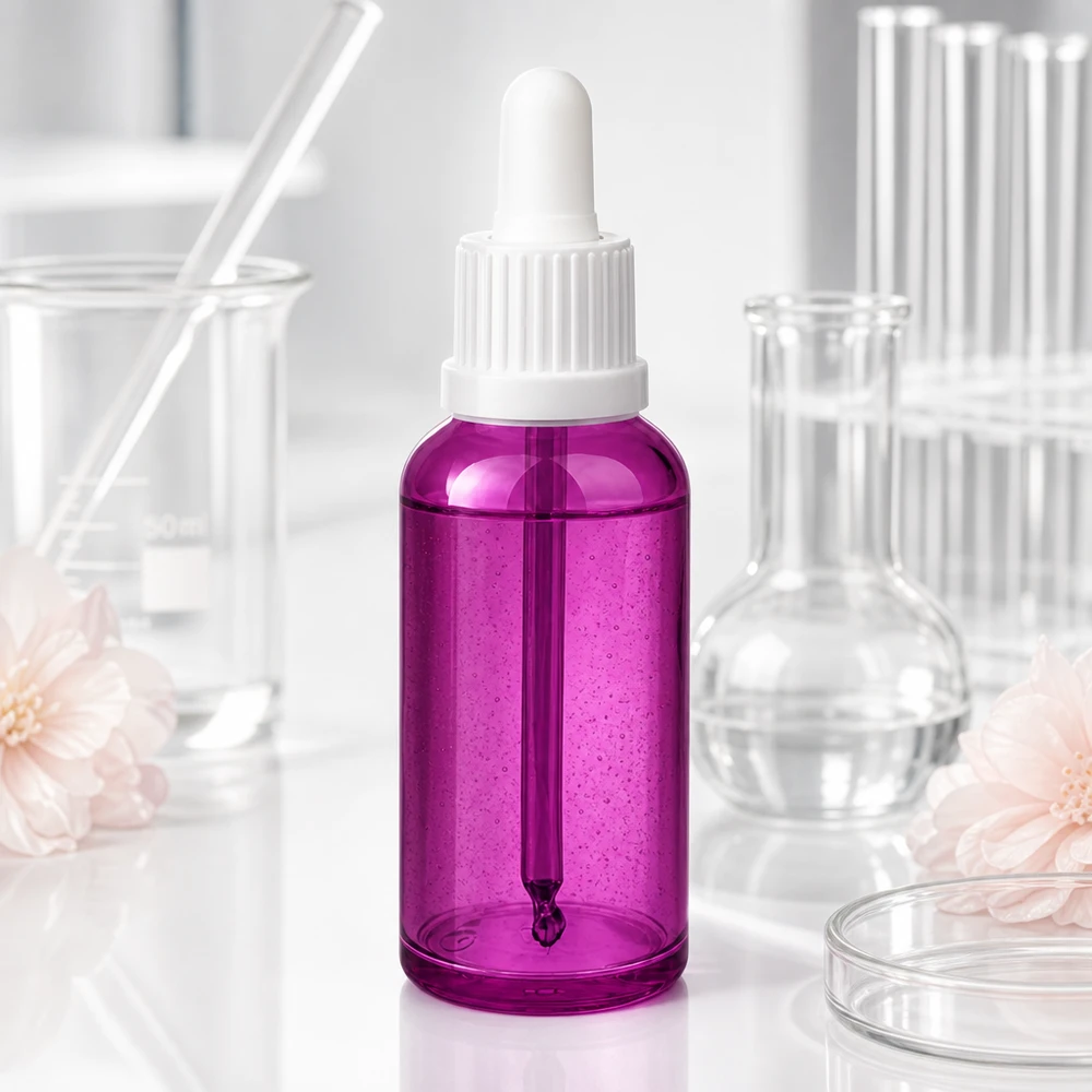 Flacone per pipette in vetro viola da 50 ml con tappo bianco per proteggere le sostanze sensibili alla luce