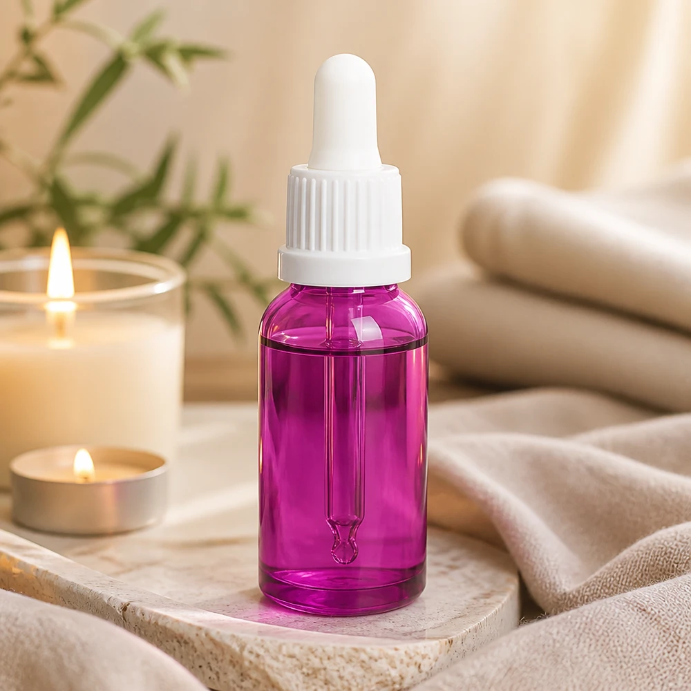 Bottiglia di vetro di alta qualità da 20 ml con pipetta in viola per cosmetici fai da te