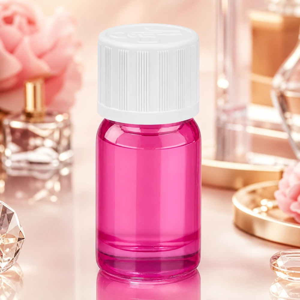 Flacone da 5 ml in vetro viola con tappo bianco e apertura del collo di 11 mm per un dosaggio preciso.