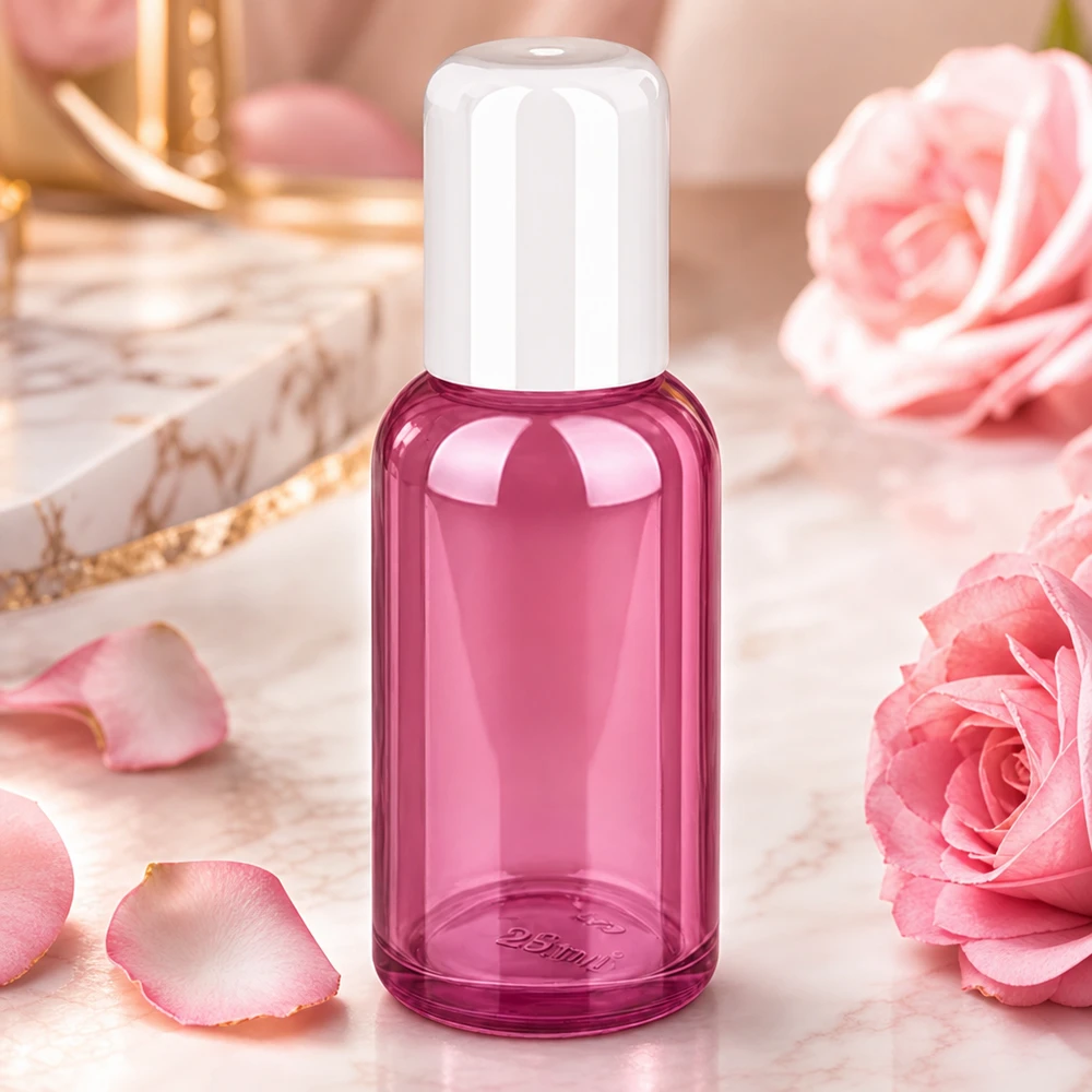 Moderno flacone roll-on da 30 ml in colorazione magenta-viola ideale per la cosmesi e l'aromaterapia fai da te
