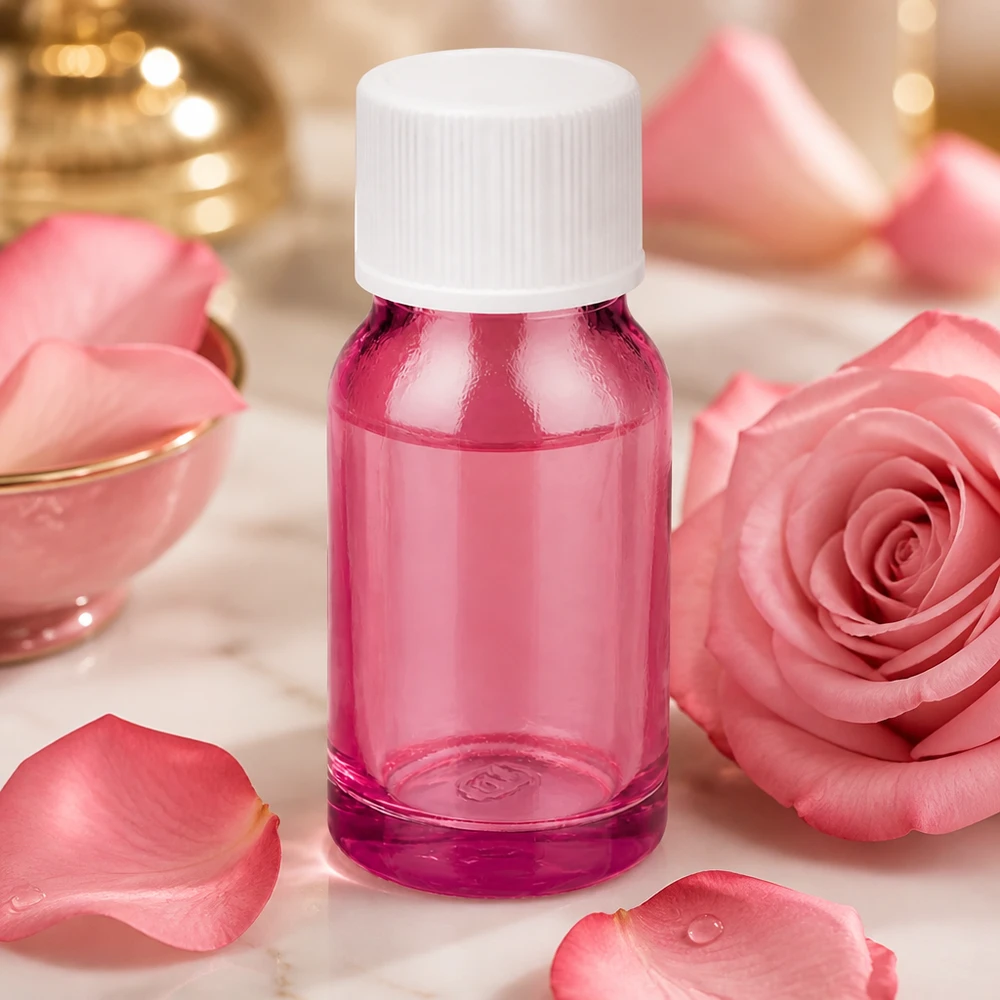 Elegante flacone in vetro viola da 10 millilitri con tappo bianco per una cura della pelle di lusso