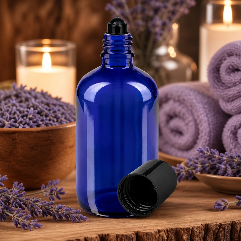 Flacone per deodorante stick in vetro blu 100 ml, roll-on vuoto Flacone di vetro blu da 100 ml con tappo roll-on, circondato da fiori di lavanda e candele