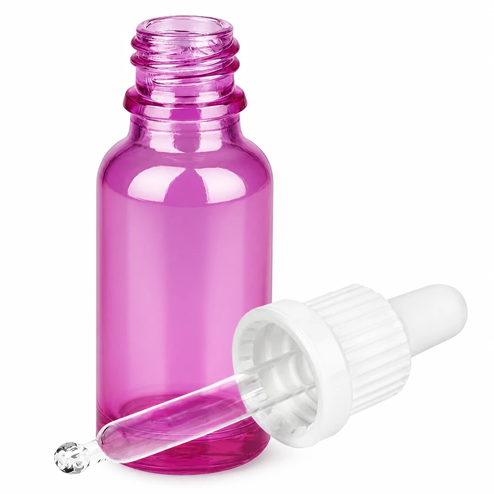 Flacone a pipetta in vetro viola da 20 ml con protezione UV e tappo contagocce preciso