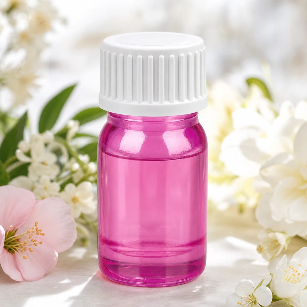 Robusto flacone in vetro rosa da 5 ml con tappo sicuro, perfetto per i viaggi e la conservazione.
