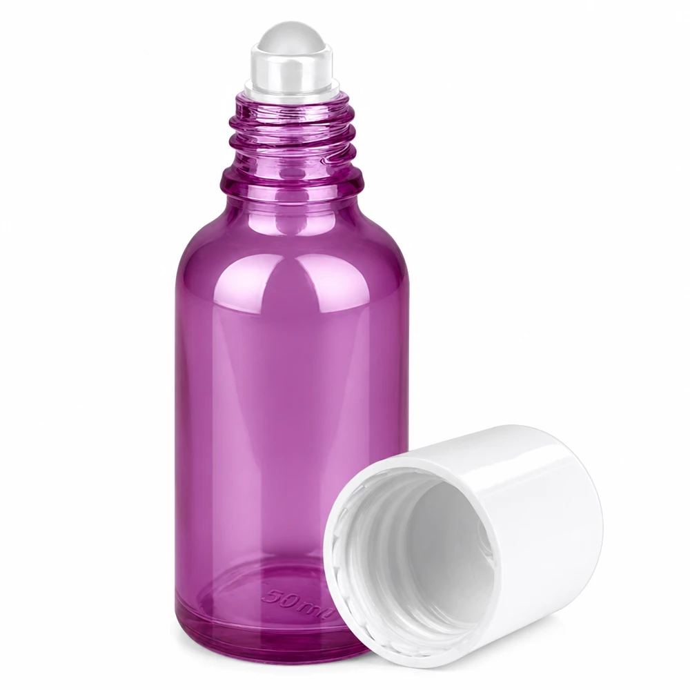 Flacone in vetro viola da 30 ml con pratico tappo roll-on per oli profumati e cosmetici