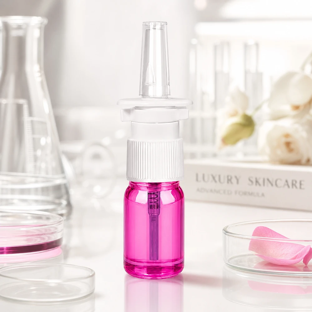Flacone spray nasale igienico da 5 ml con superficie viola antimicrobica e tappo di sicurezza